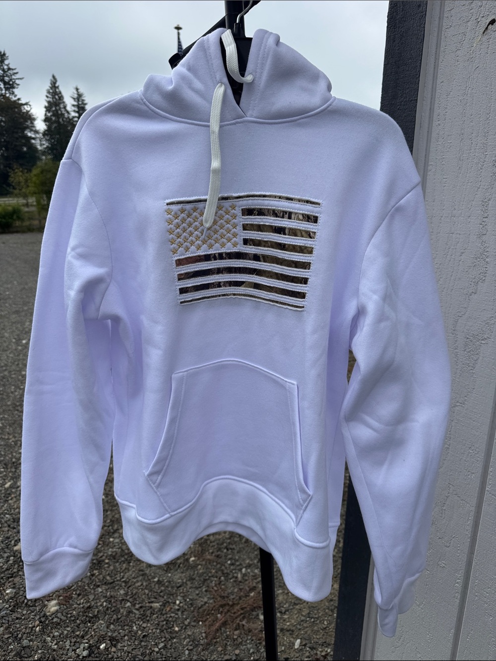 White Hoodie with Camo American Flag Embroidery -